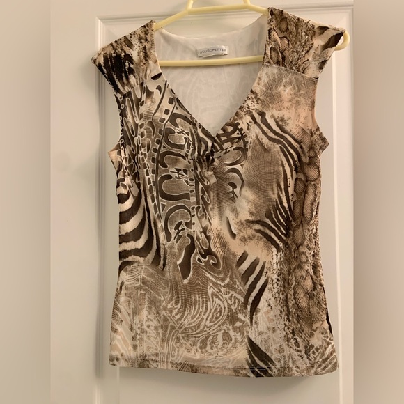 studiopetites Tops - Brown and Cream Asymmetrical Blouse with Tie Front